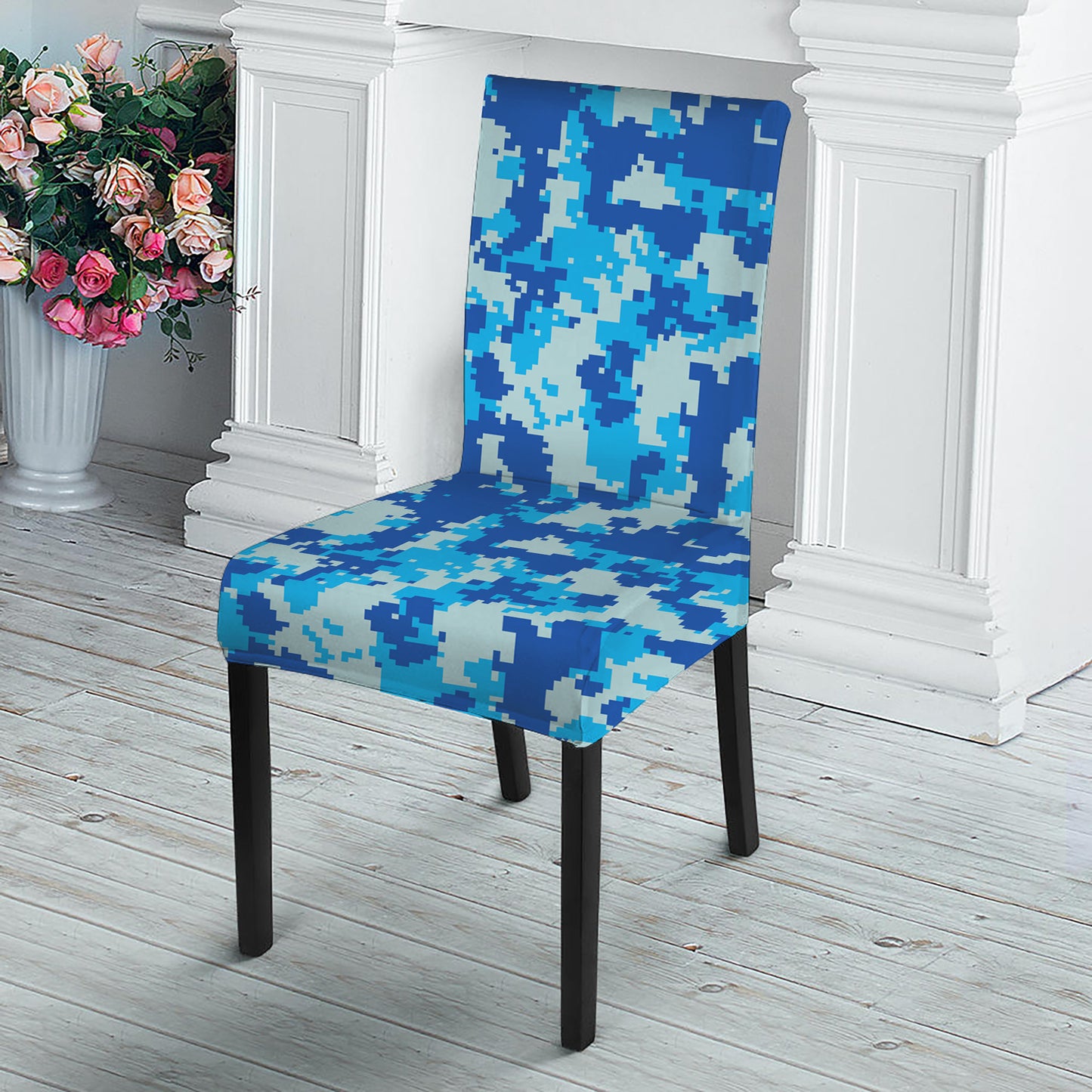 Blue Digital Camo Pattern Print Dining Chair Slipcover