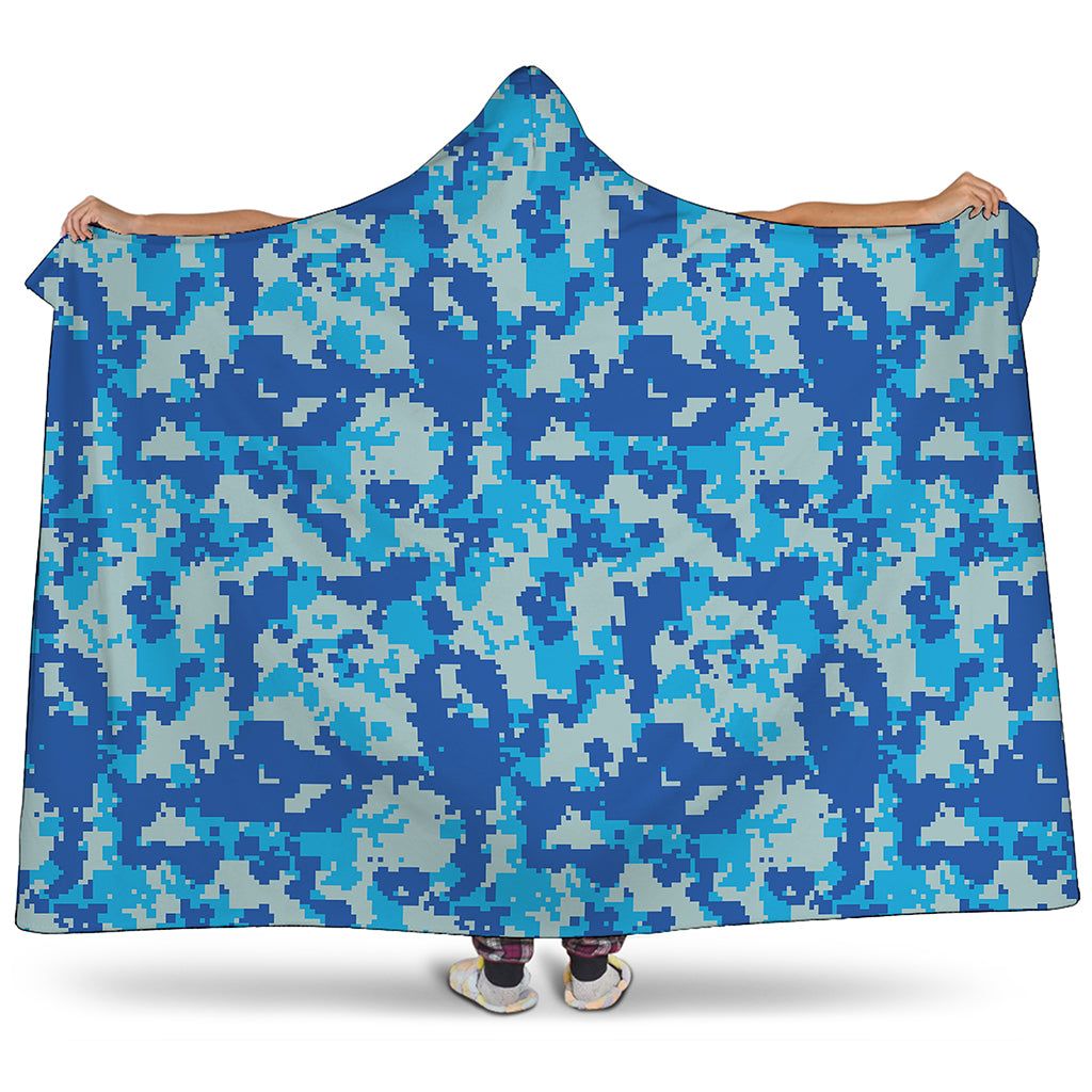Blue Digital Camo Pattern Print Hooded Blanket