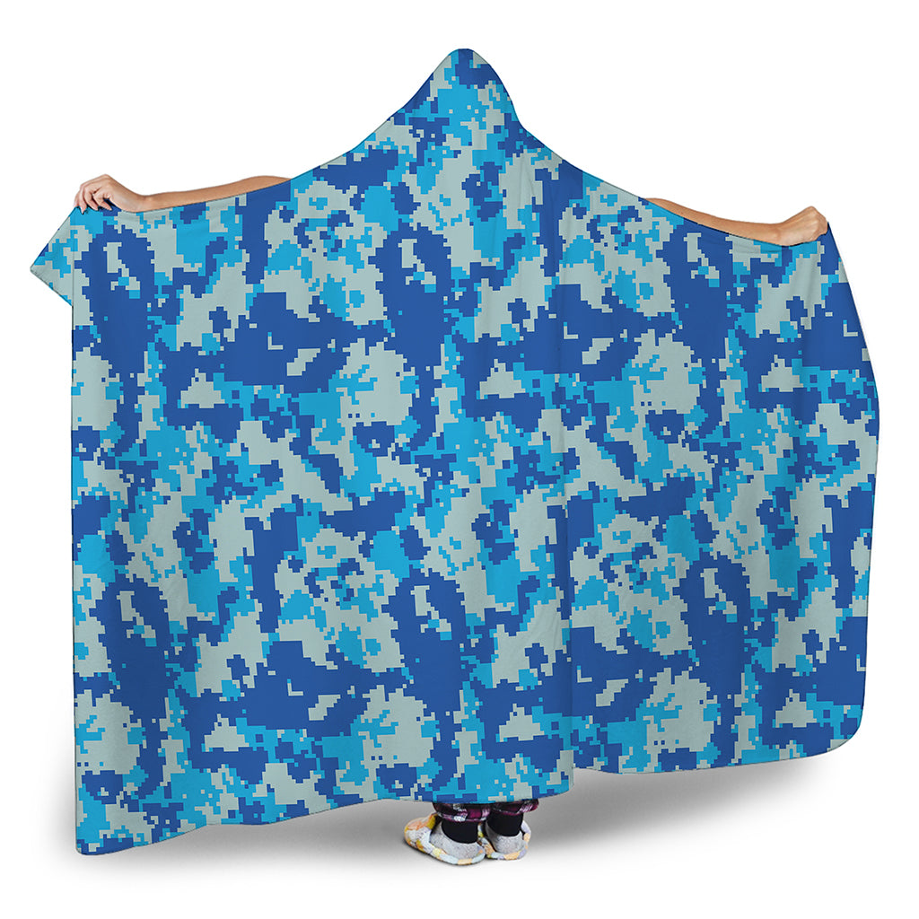 Blue Digital Camo Pattern Print Hooded Blanket