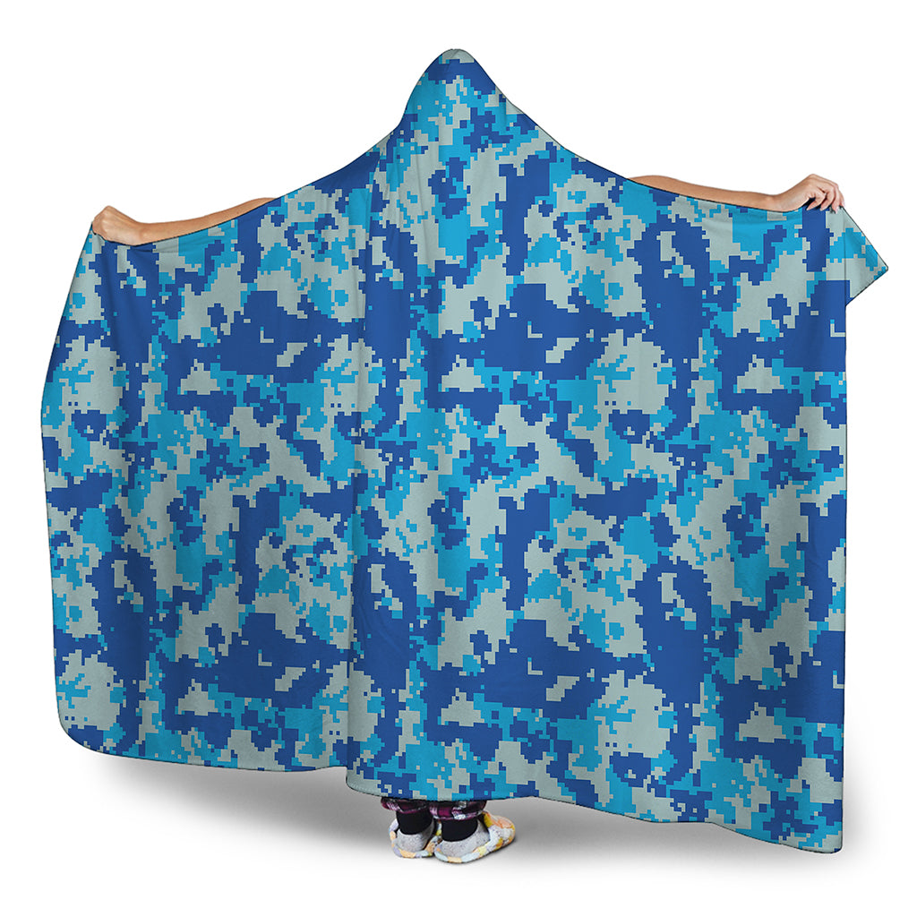 Blue Digital Camo Pattern Print Hooded Blanket