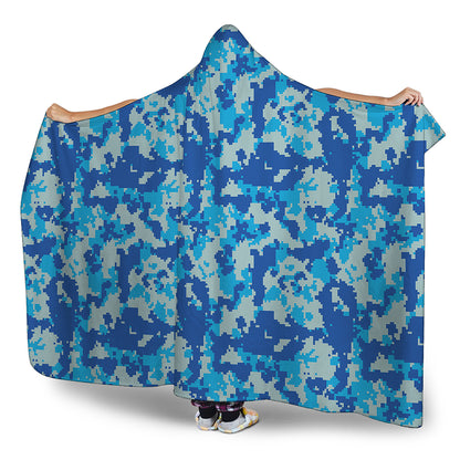 Blue Digital Camo Pattern Print Hooded Blanket