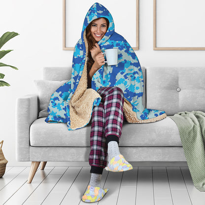 Blue Digital Camo Pattern Print Hooded Blanket