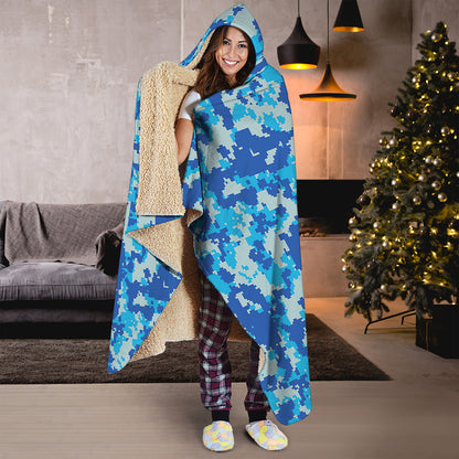Blue Digital Camo Pattern Print Hooded Blanket