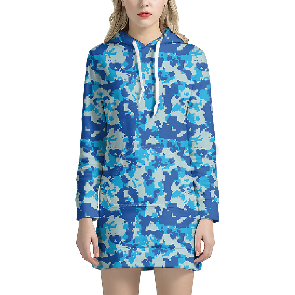 Blue Digital Camo Pattern Print Hoodie Dress