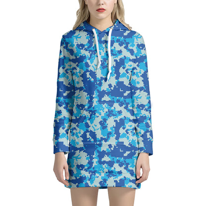 Blue Digital Camo Pattern Print Hoodie Dress