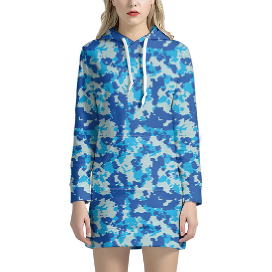 Blue Digital Camo Pattern Print Hoodie Dress