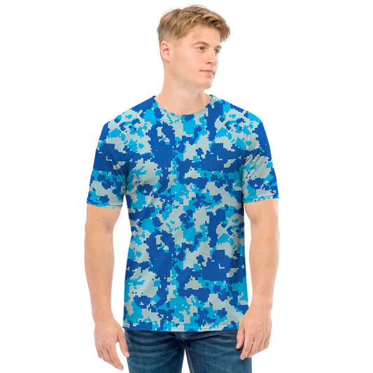 Blue Digital Camo Pattern Print Men's T-Shirt