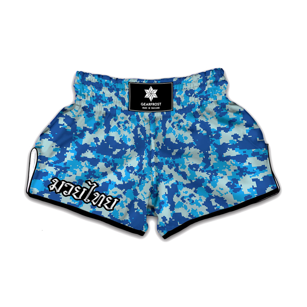 Blue Digital Camo Pattern Print Muay Thai Boxing Shorts