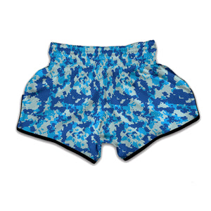 Blue Digital Camo Pattern Print Muay Thai Boxing Shorts