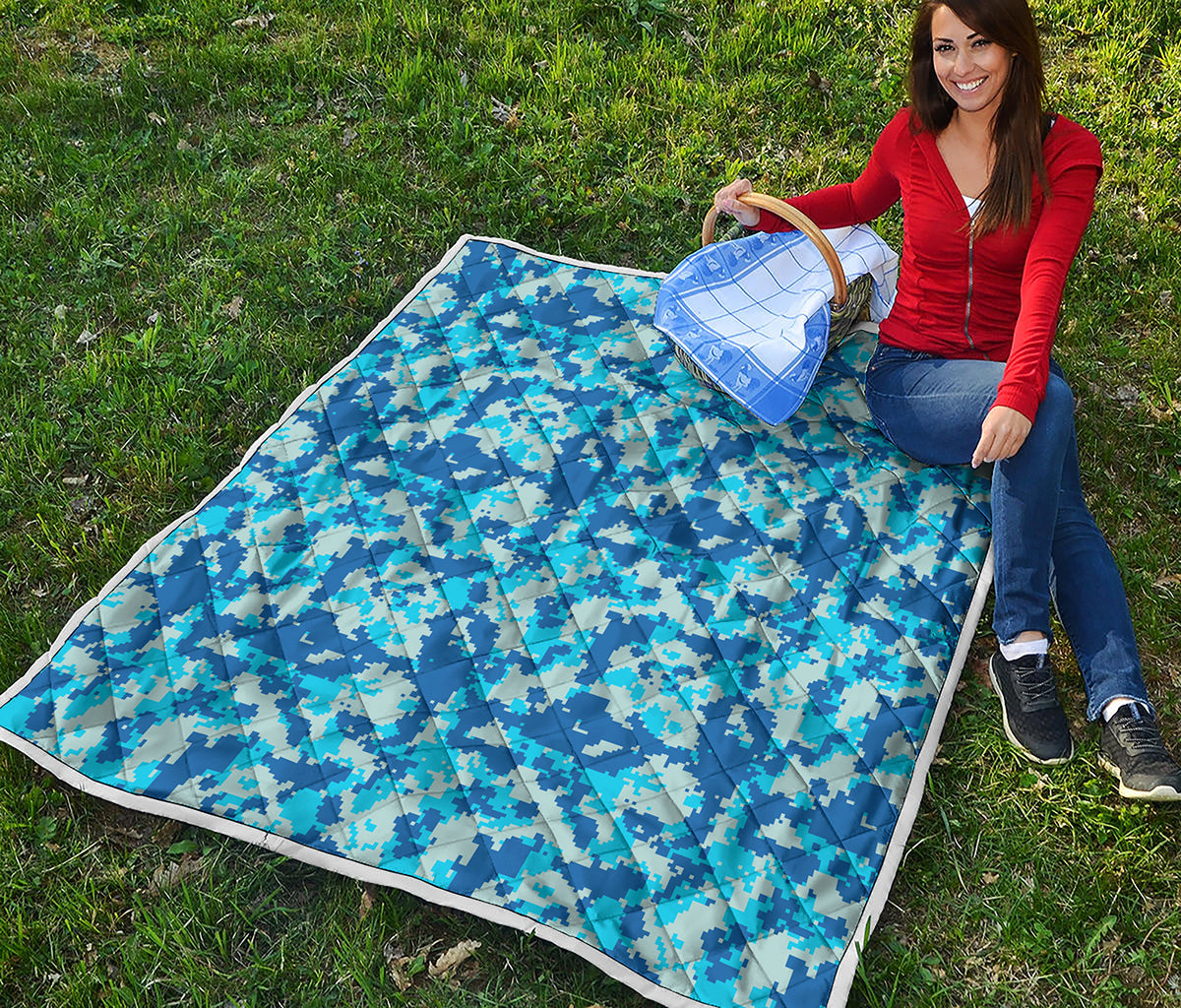 Blue Digital Camo Pattern Print Quilt