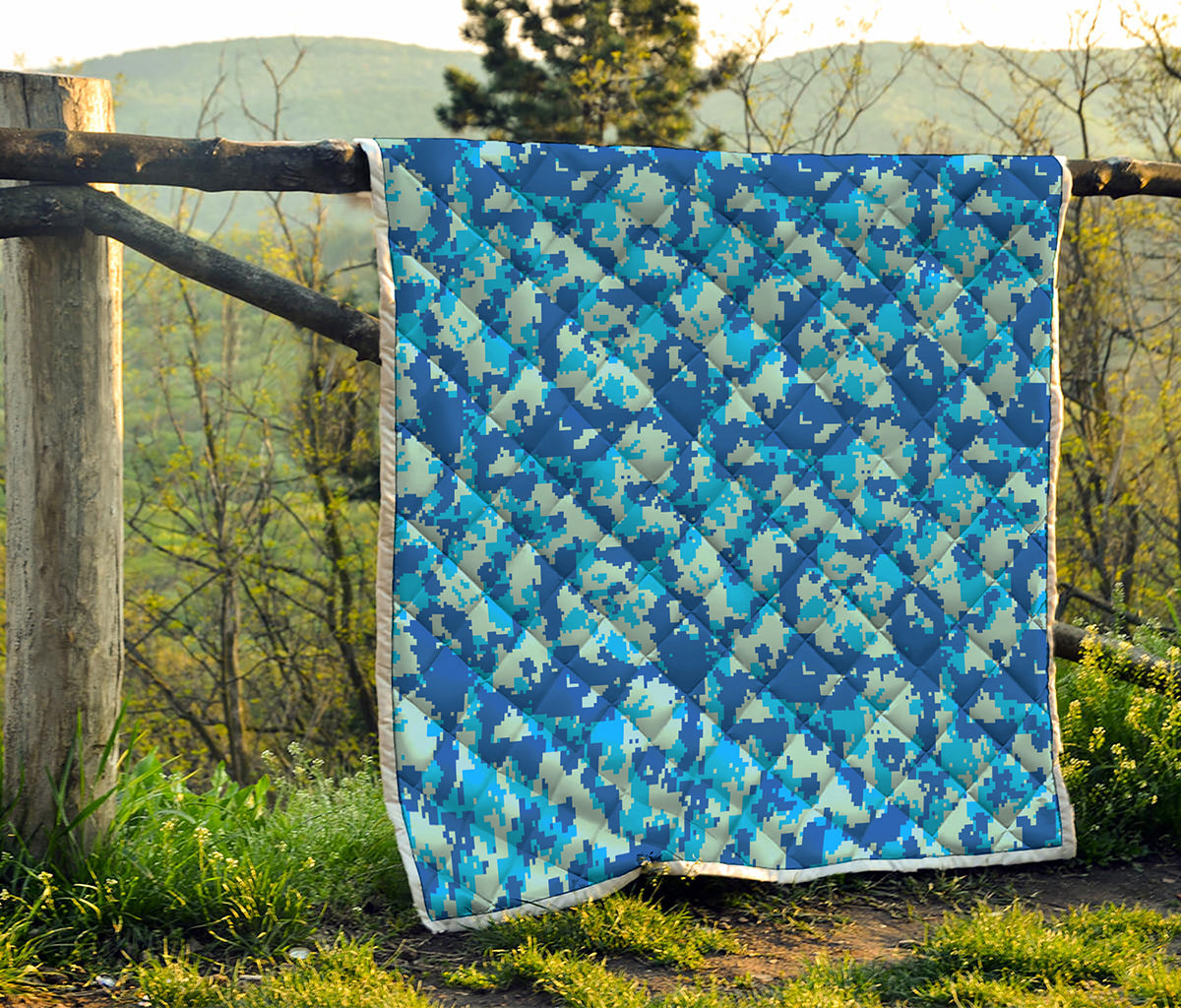 Blue Digital Camo Pattern Print Quilt