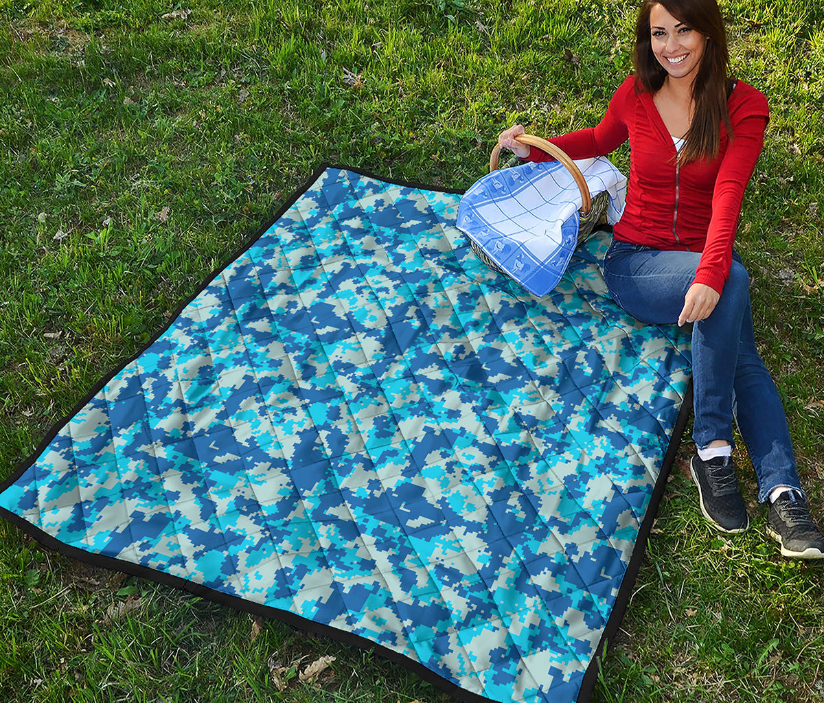 Blue Digital Camo Pattern Print Quilt