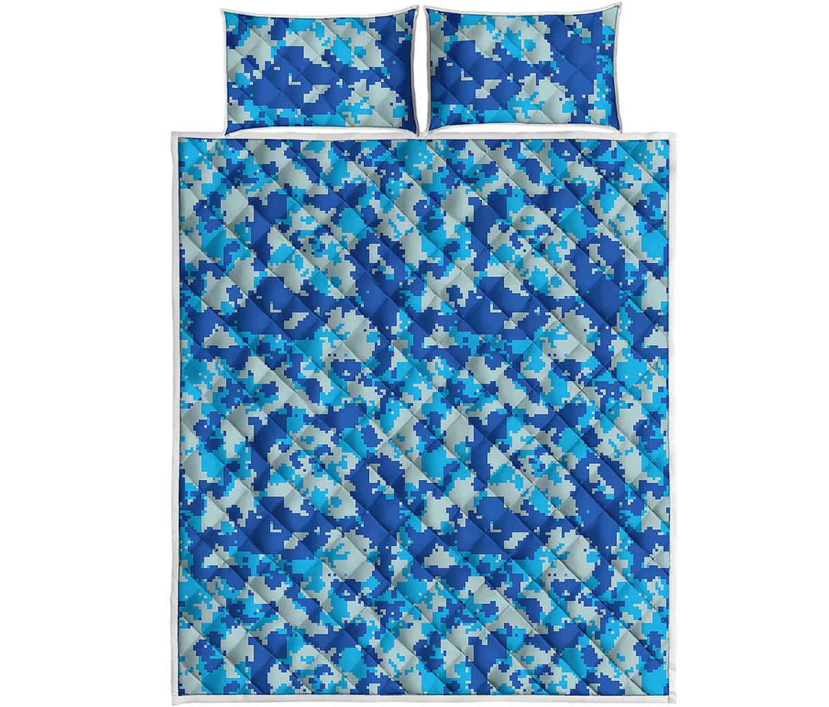 Blue Digital Camo Pattern Print Quilt Bed Set