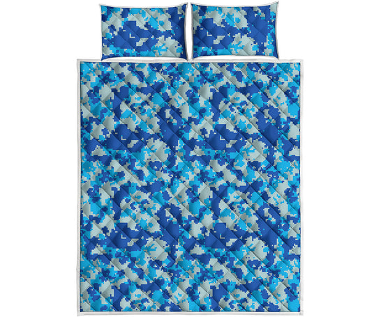 Blue Digital Camo Pattern Print Quilt Bed Set