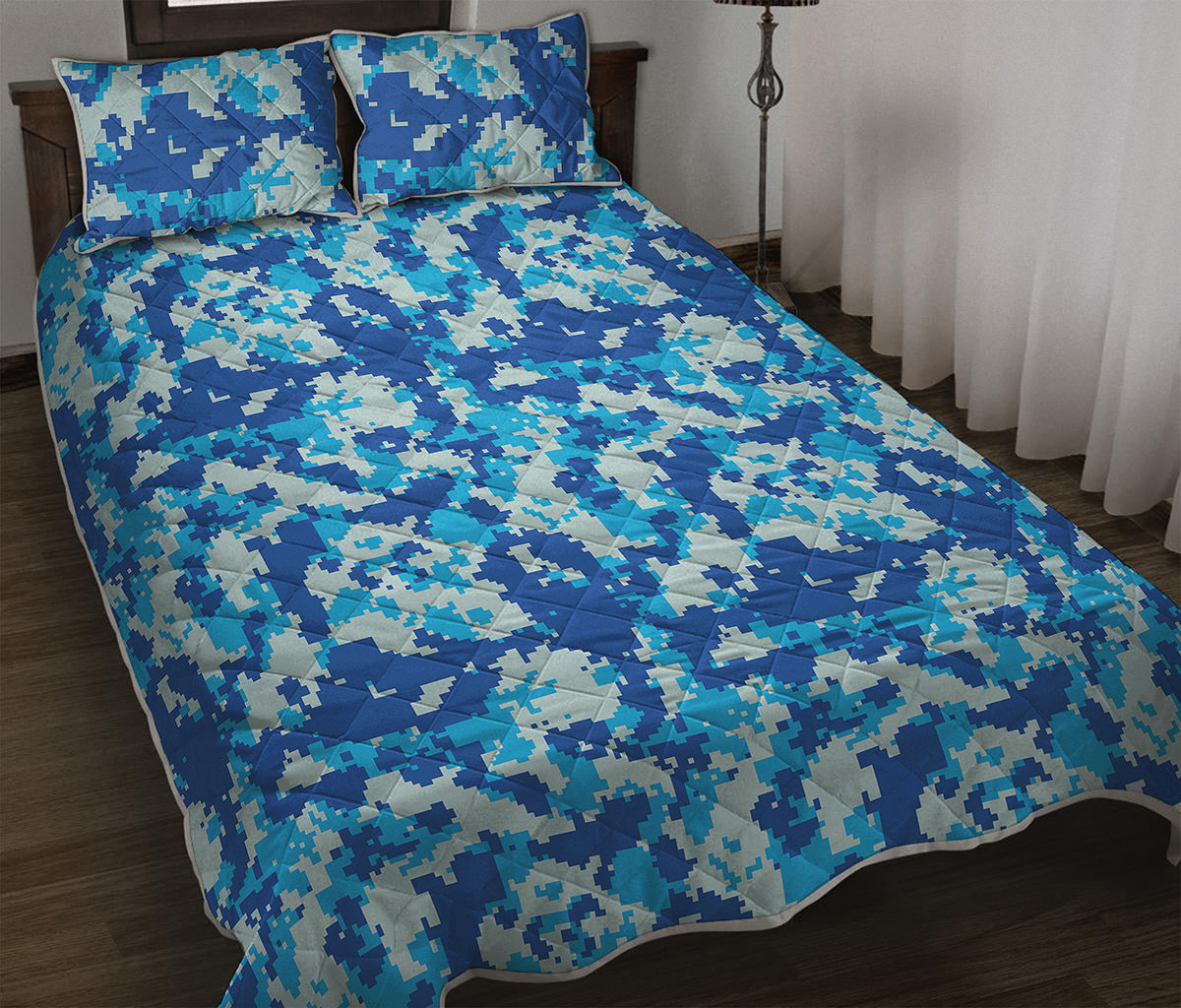 Blue Digital Camo Pattern Print Quilt Bed Set