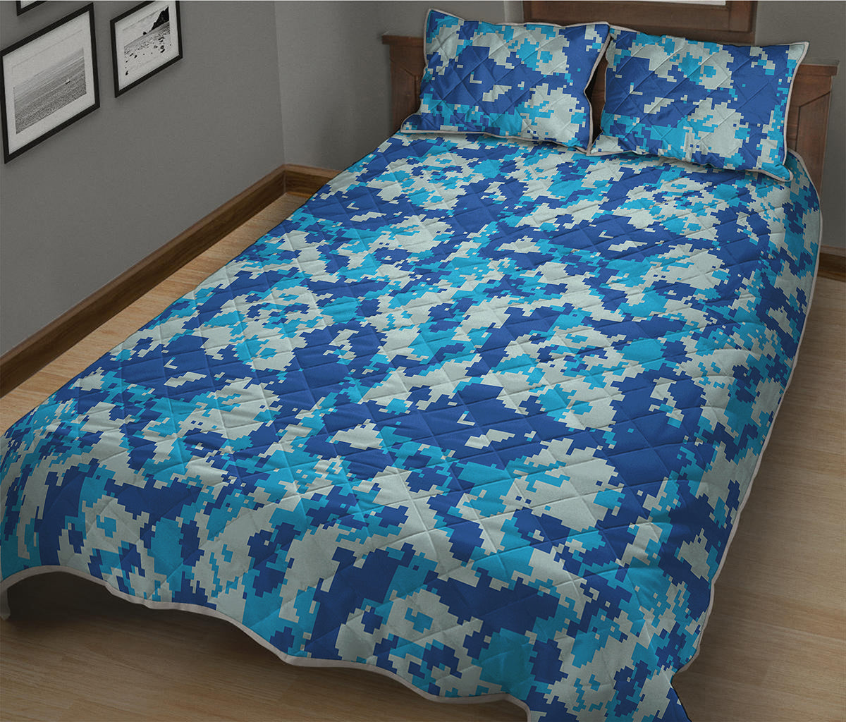 Blue Digital Camo Pattern Print Quilt Bed Set