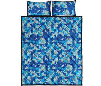 Blue Digital Camo Pattern Print Quilt Bed Set