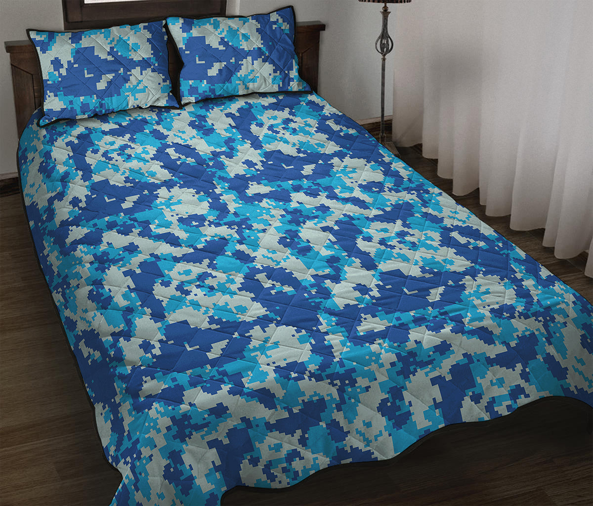 Blue Digital Camo Pattern Print Quilt Bed Set