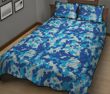 Blue Digital Camo Pattern Print Quilt Bed Set