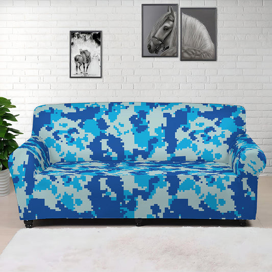 Blue Digital Camo Pattern Print Sofa Cover