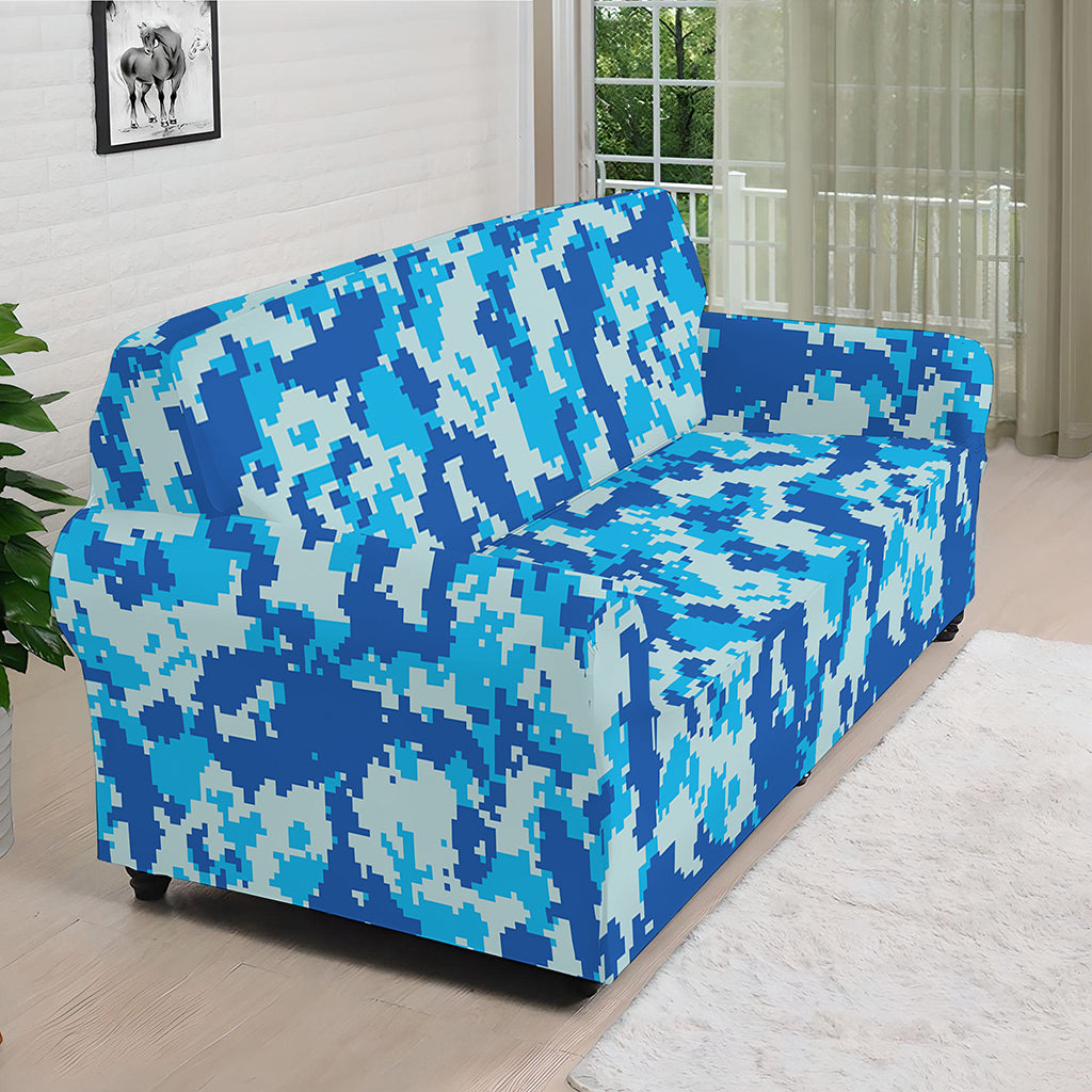 Blue Digital Camo Pattern Print Sofa Cover
