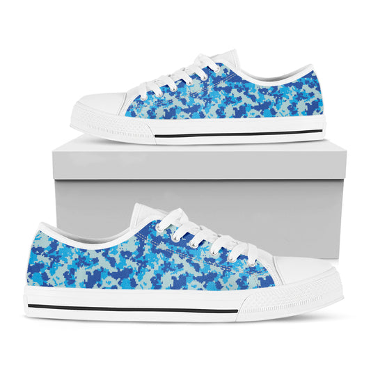 Blue Digital Camo Pattern Print White Low Top Shoes