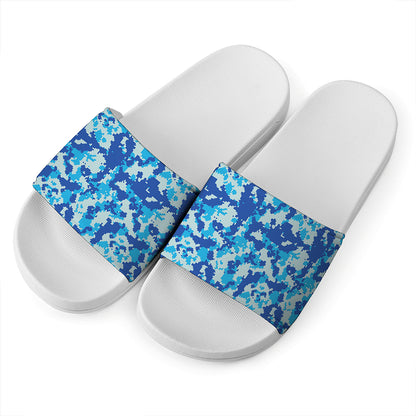Blue Digital Camo Pattern Print White Slide Sandals