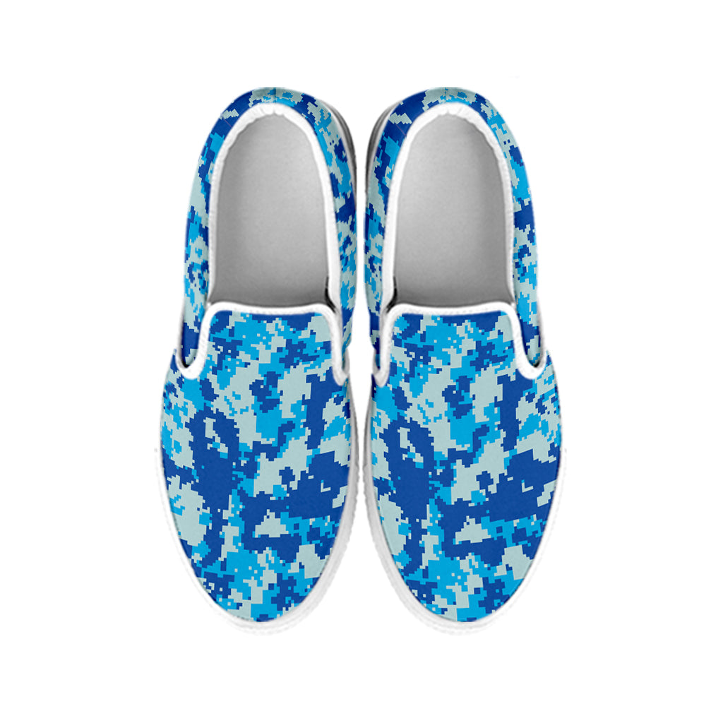 Blue Digital Camo Pattern Print White Slip On Shoes