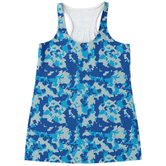 Blue Digital Camo Pattern Print Women's Racerback Tank Top