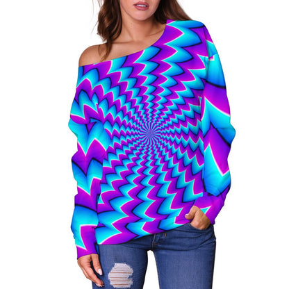 Blue Dizzy Moving Optical Illusion Off Shoulder Sweatshirt GearFrost