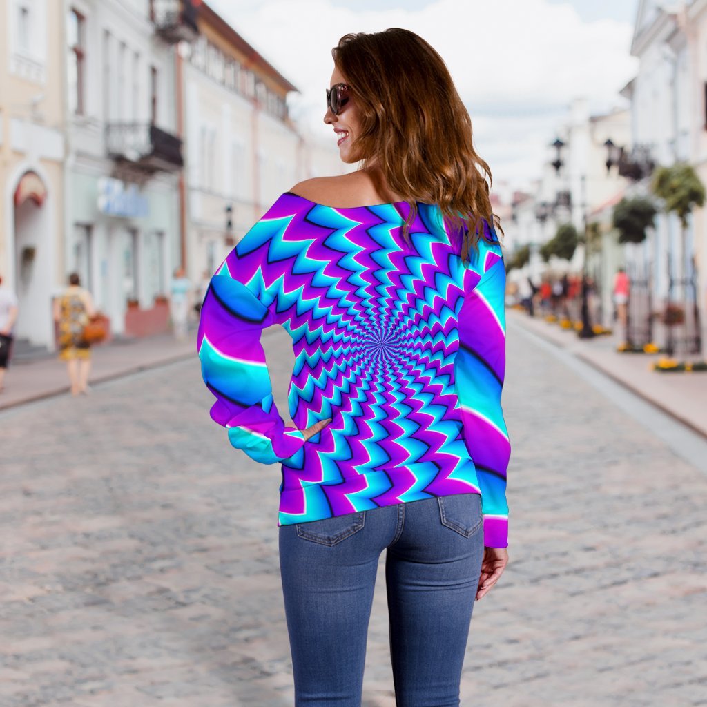 Blue Dizzy Moving Optical Illusion Off Shoulder Sweatshirt GearFrost