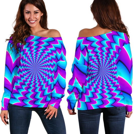 Blue Dizzy Moving Optical Illusion Off Shoulder Sweatshirt GearFrost