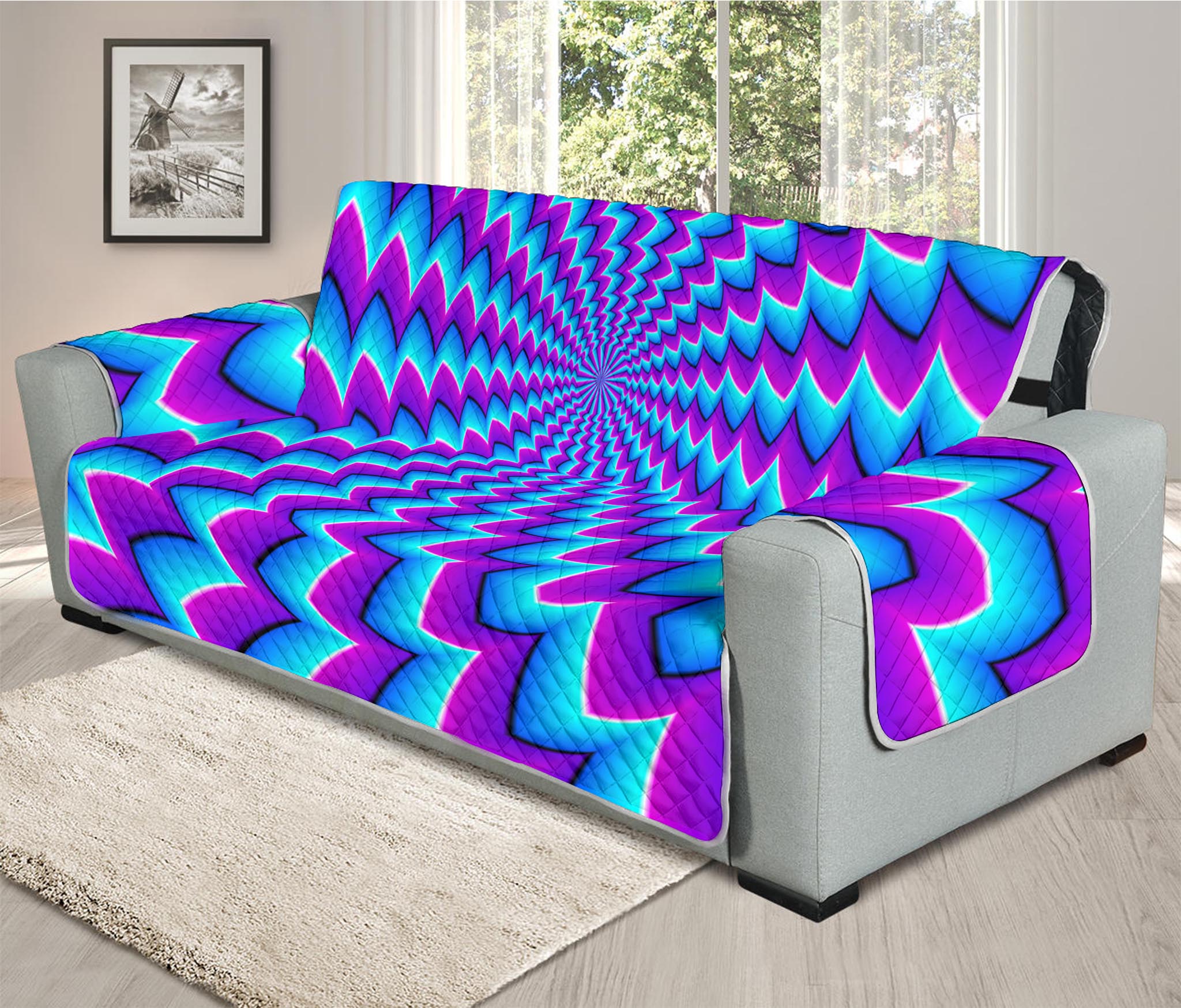 Blue Dizzy Moving Optical Illusion Oversized Sofa Protector