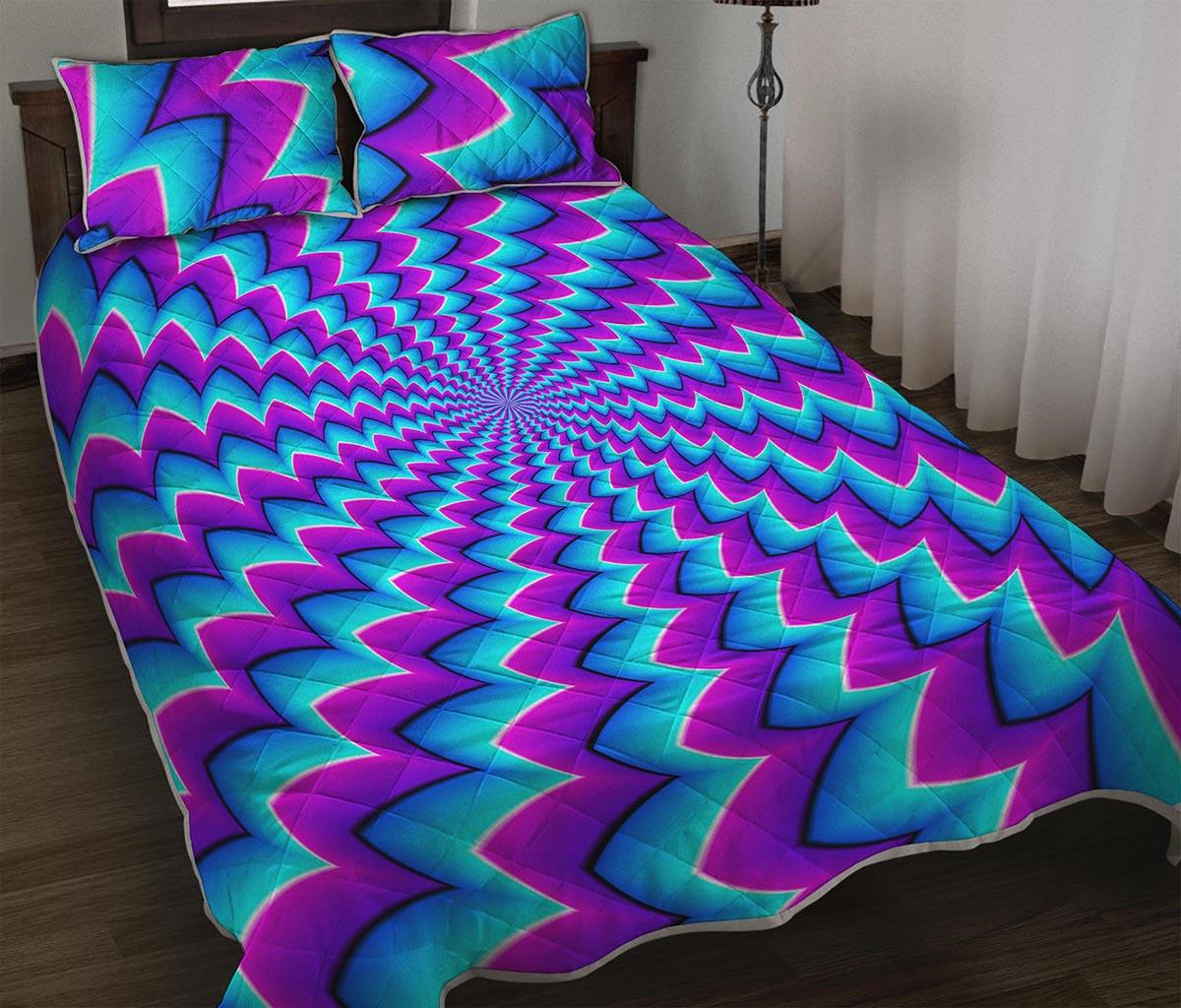Blue Dizzy Moving Optical Illusion Quilt Bed Set