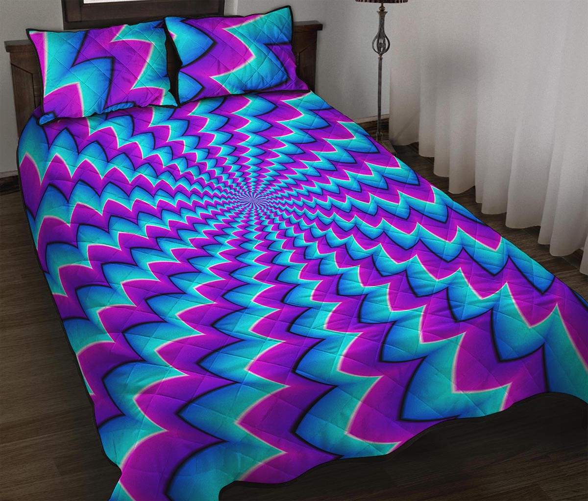 Blue Dizzy Moving Optical Illusion Quilt Bed Set