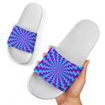 Blue Dizzy Moving Optical Illusion White Slide Sandals