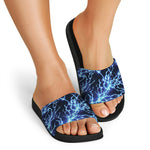 Blue Electric Lightning Print Black Slide Sandals