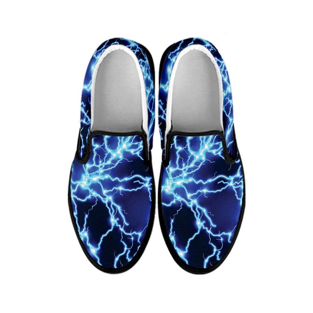 Blue Electric Lightning Print Black Slip On Shoes