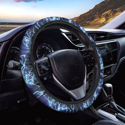 Blue Electric Lightning Print Car Steering Wheel Cover