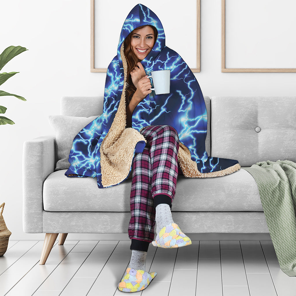 Blue Electric Lightning Print Hooded Blanket