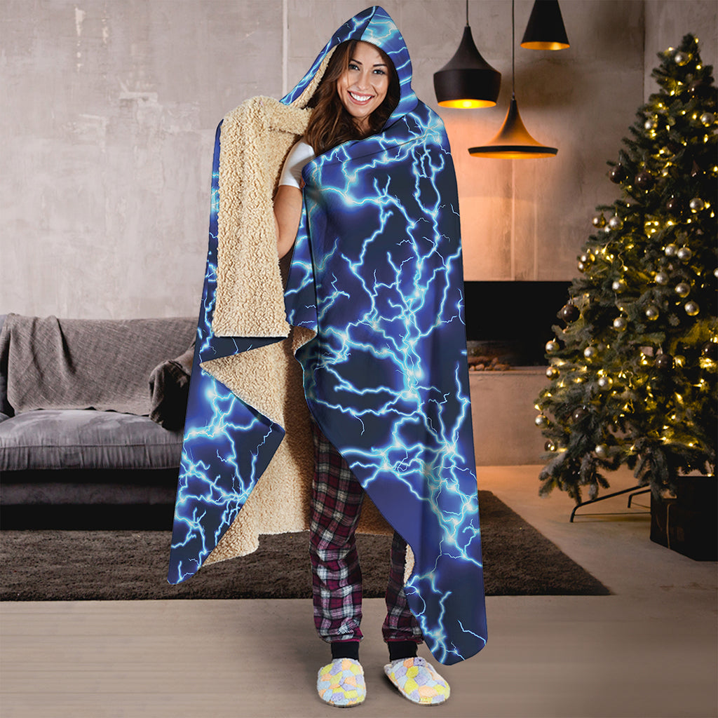 Blue Electric Lightning Print Hooded Blanket