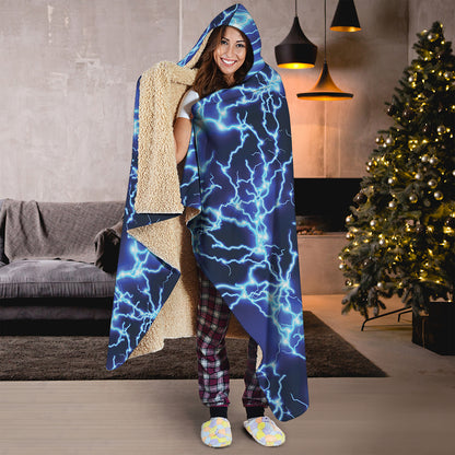 Blue Electric Lightning Print Hooded Blanket