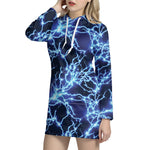 Blue Electric Lightning Print Hoodie Dress