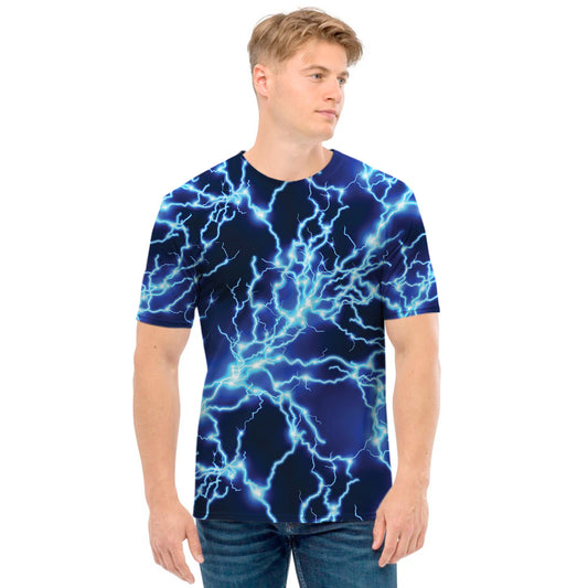 Blue Electric Lightning Print Men's T-Shirt