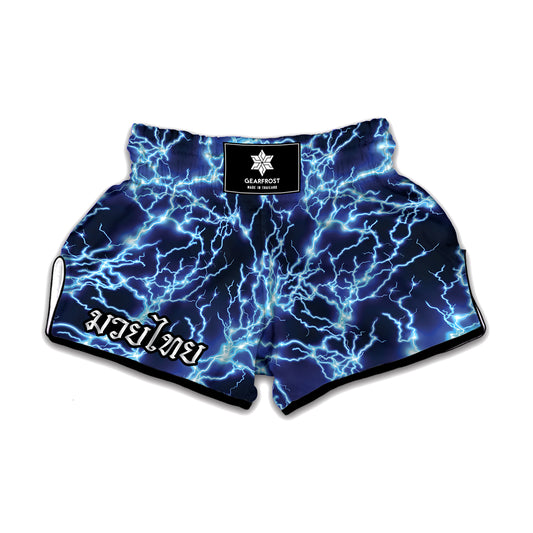 Blue Electric Lightning Print Muay Thai Boxing Shorts