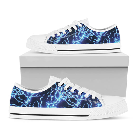 Blue Electric Lightning Print White Low Top Shoes