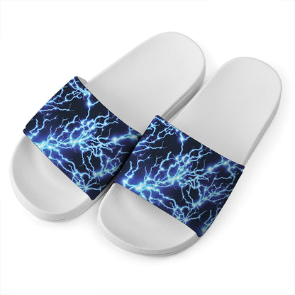 Blue Electric Lightning Print White Slide Sandals