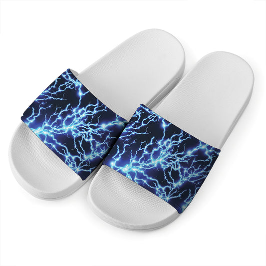Blue Electric Lightning Print White Slide Sandals