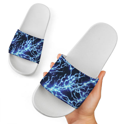 Blue Electric Lightning Print White Slide Sandals
