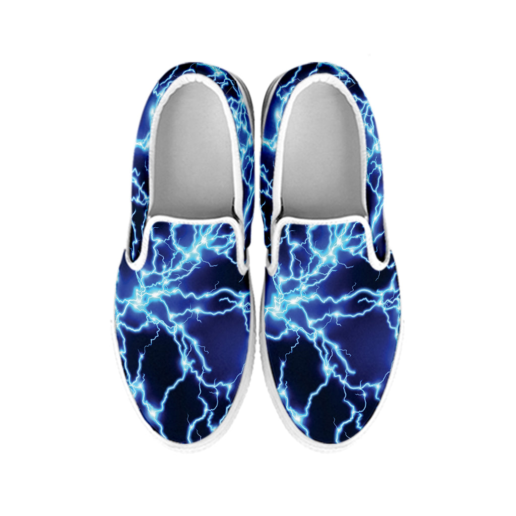Blue Electric Lightning Print White Slip On Shoes